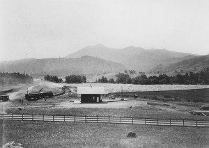 San Anselmo's first depot, c. 1875. View is to the south from, approximately, the present-day intersection of Sir Francis Drake, Center Boulevard and Greenfield Avenue. 