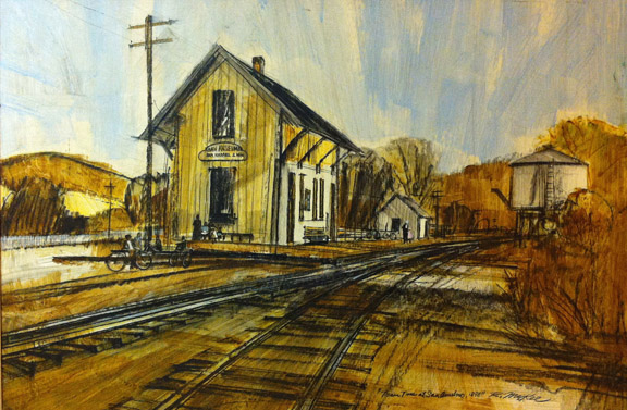 Train Time in San Anselmo, painting by Ron McKee, 1960s